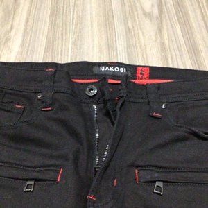 MAKOBI MENS 36X32 Black/Black Jeans W/ Red Stitch Biker moto ripped hip hop jean